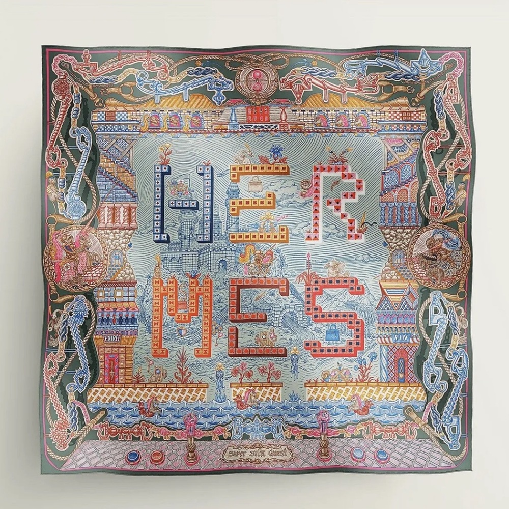 Hermes Super Silk Quest Silk Scarf 90 in Vert Amande/Rose/Multicolore NEW